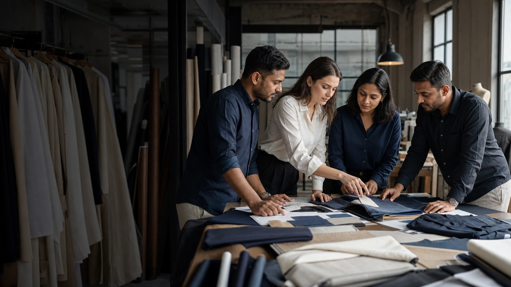 Apparel sourcing professionals reviewing textile and garment development materials